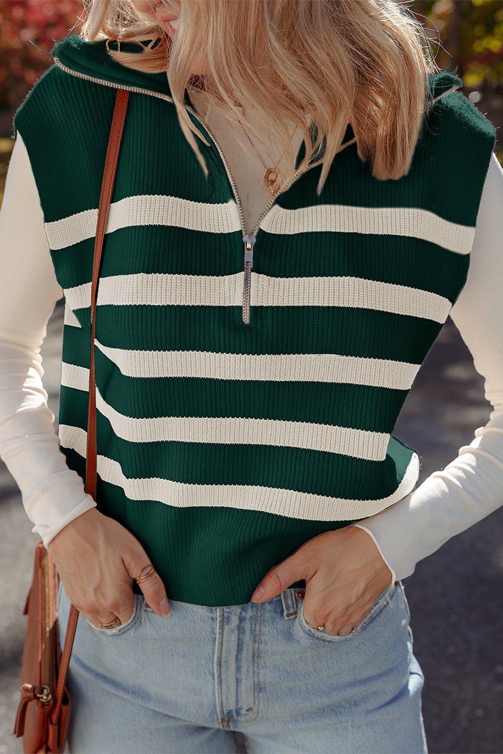 Light Blue Ribbed Half Zip Collared Sweater Vest