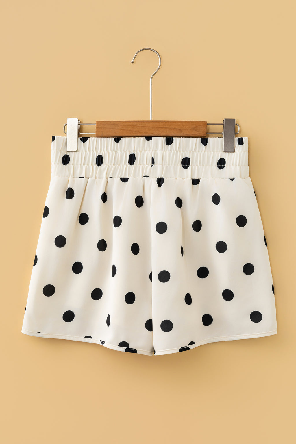 Apricot Polka Dot Print Shirred High Waist Casual Shorts