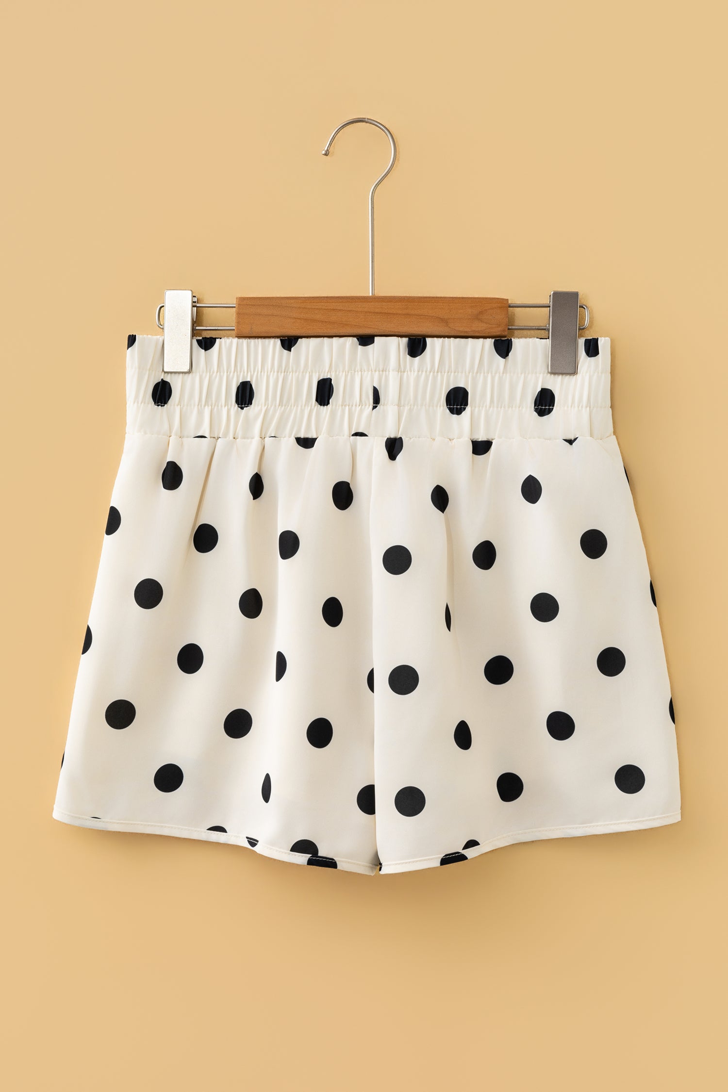 Apricot Polka Dot Print Shirred High Waist Casual Shorts