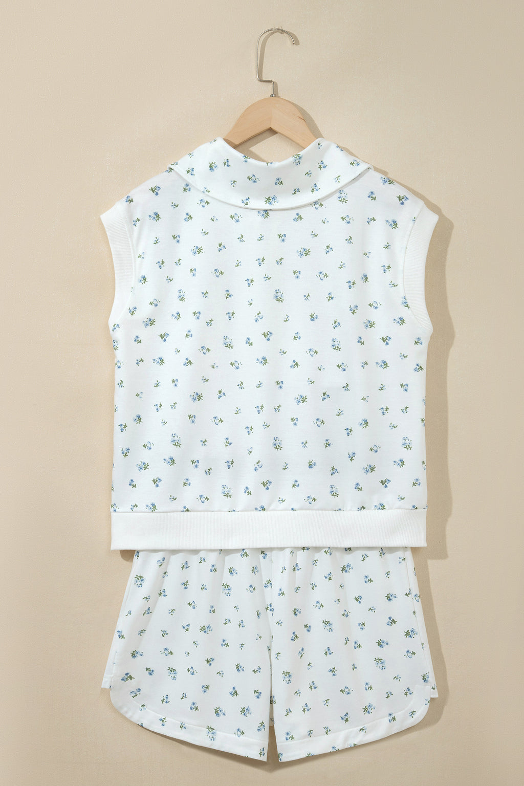 White Floral Print Half Zip Top Matching Short Set
