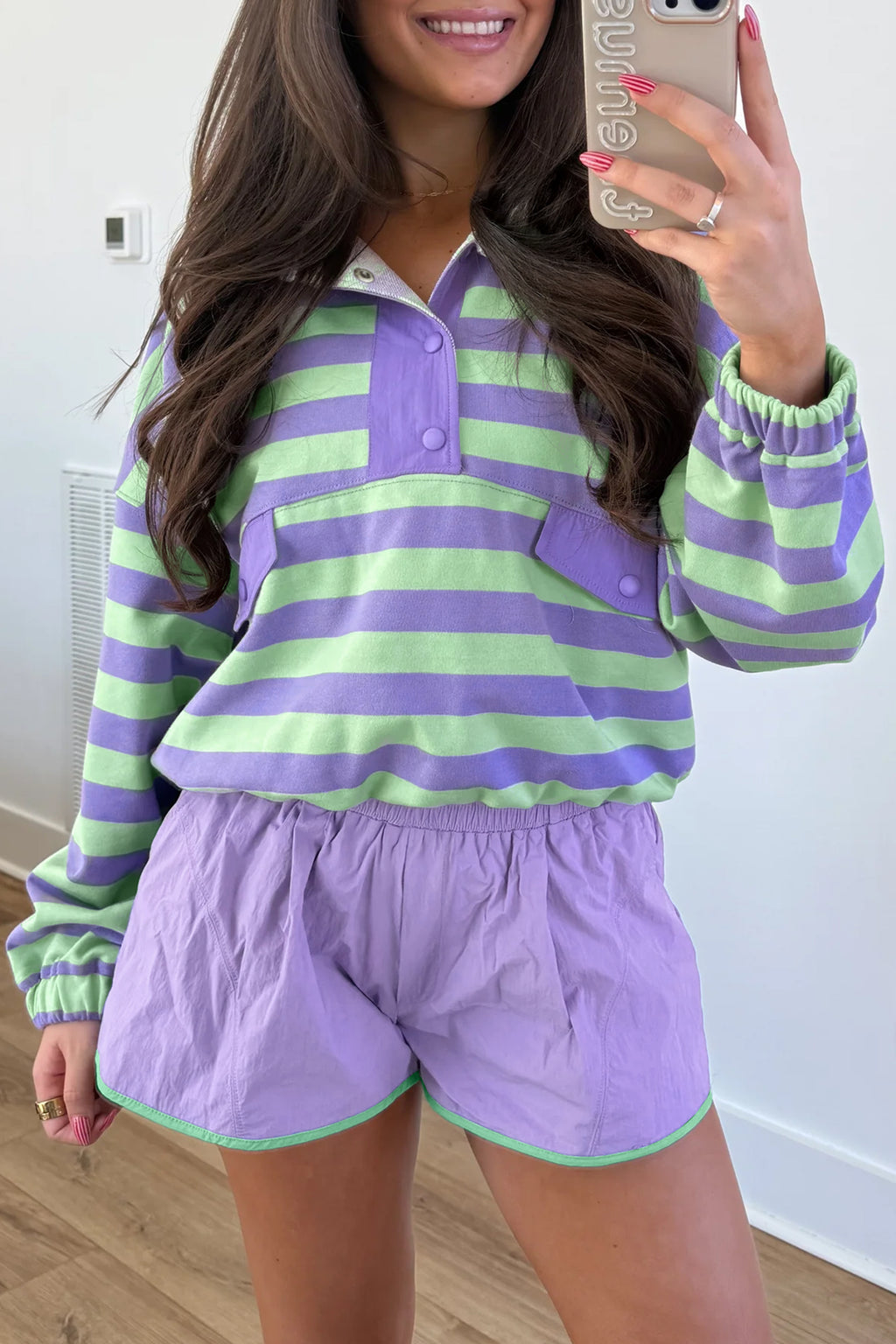 Purple Stripe Snap Button Long Sleeve Henley Top Contrast Shorts Two Piece Set