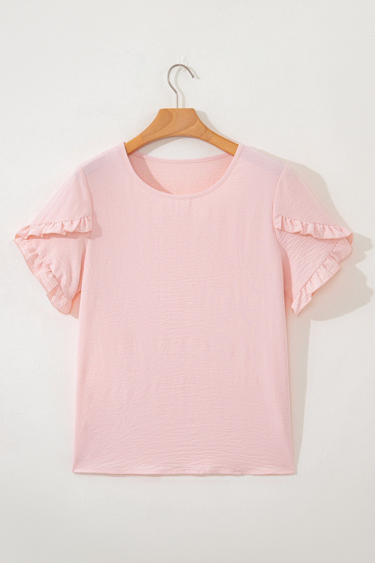 Sea Green Solid Color Ruffle Trim Short Sleeve Blouse