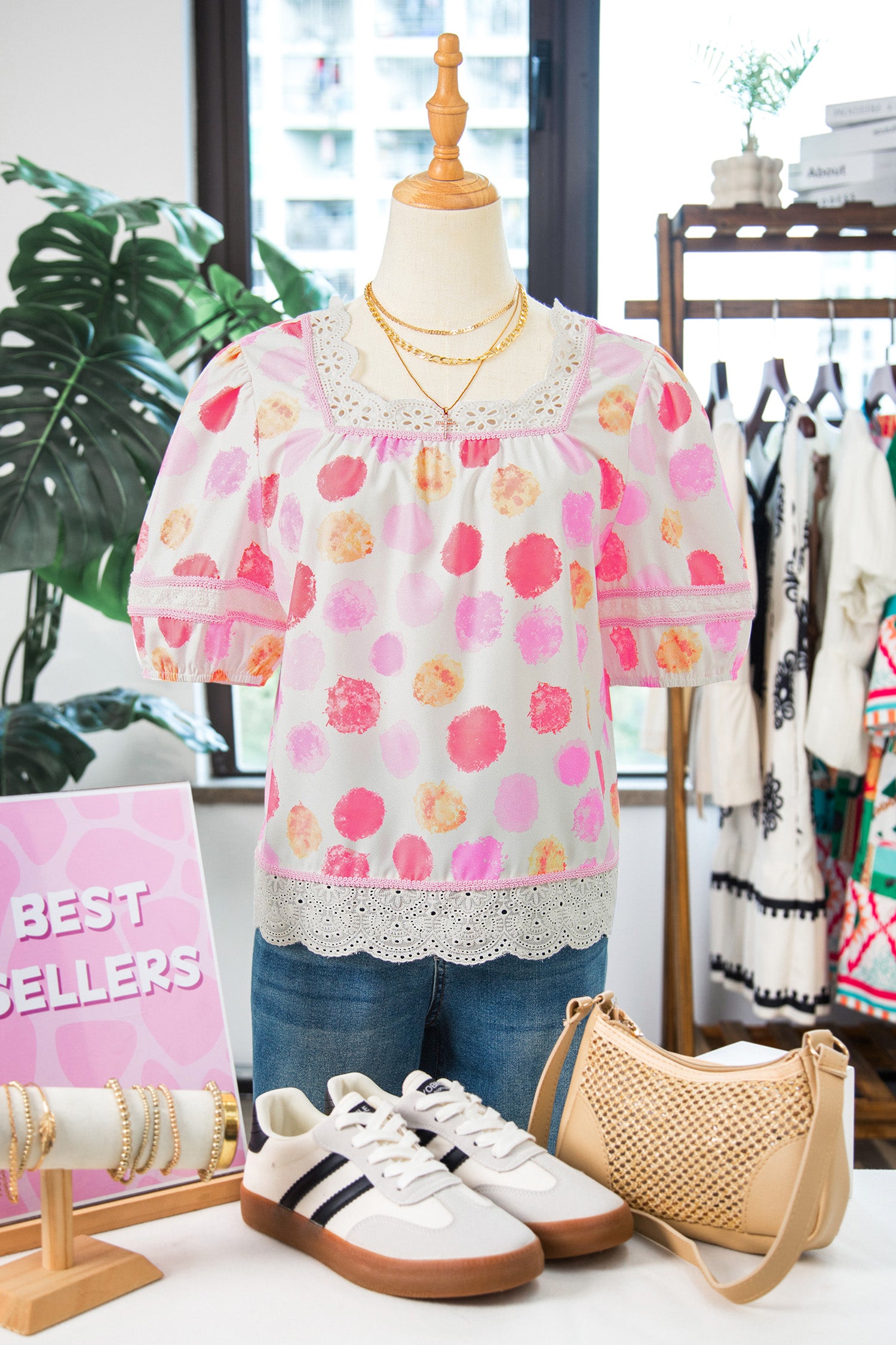 Pink Polka Dot Lace Trim Square Neck Puff Sleeve Blouse