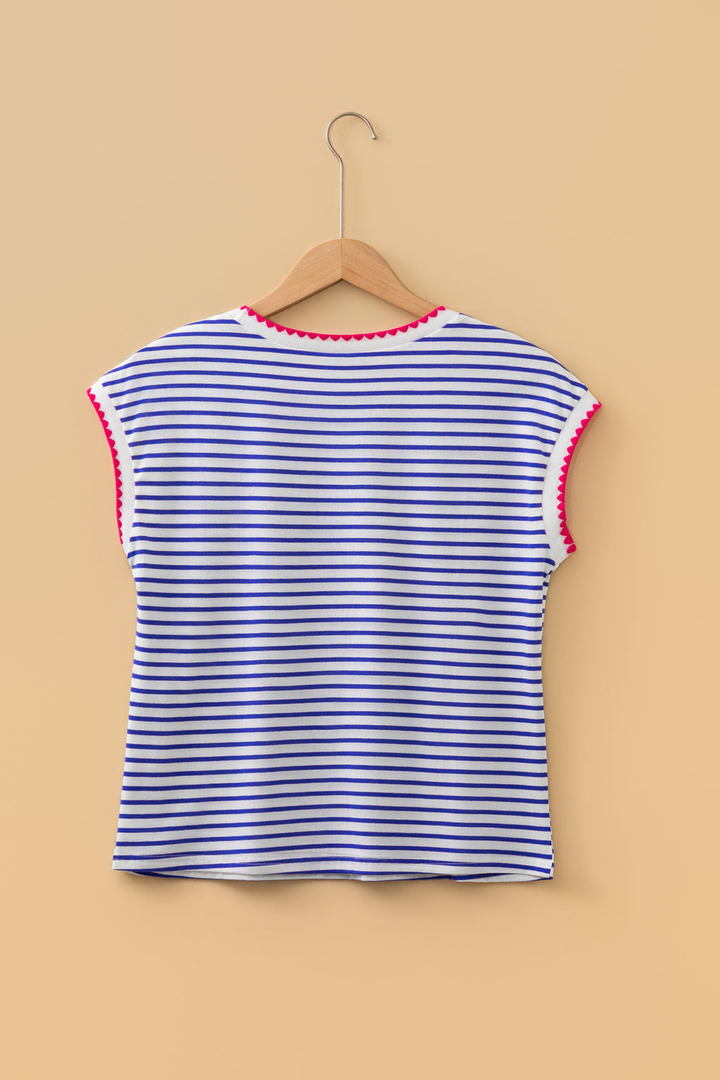 Blue Stripe Contrast Trim Round Neck Cap Sleeve Tee