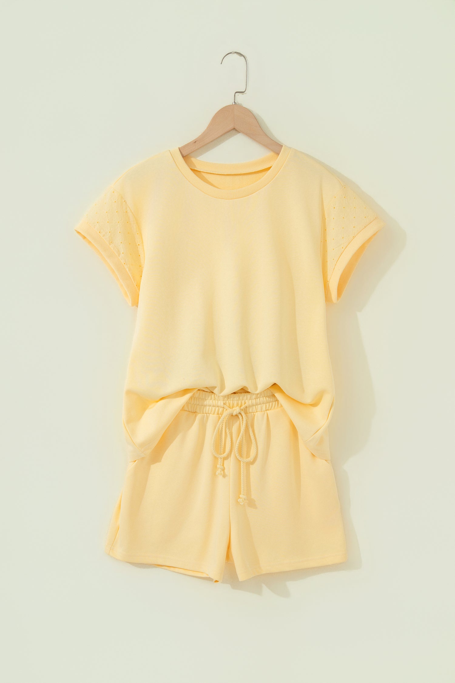 Yellow Eyelet Lace Patchwork Sleeve Short 2pcs Outfit