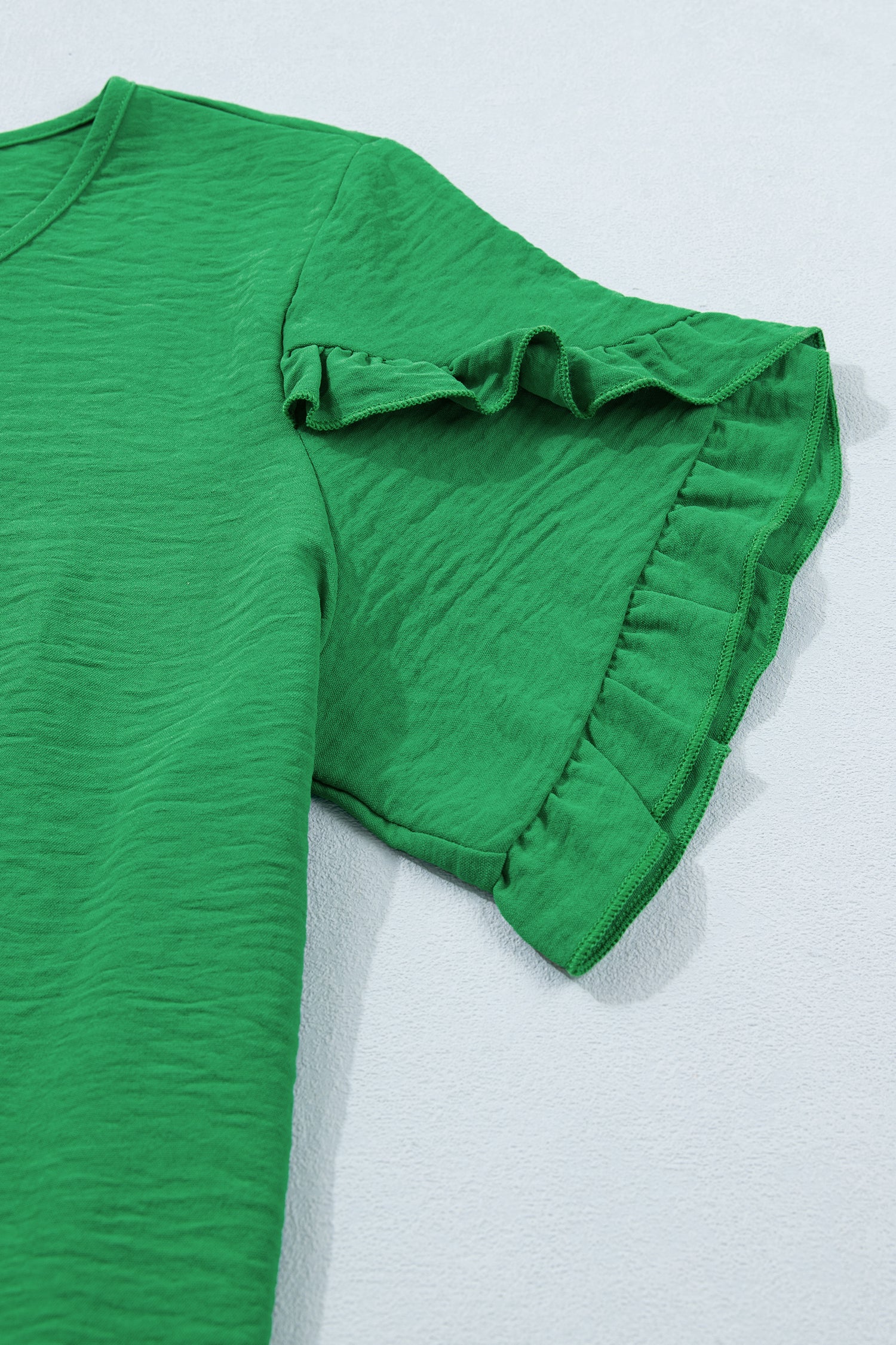 Sea Green Solid Color Ruffle Trim Short Sleeve Blouse
