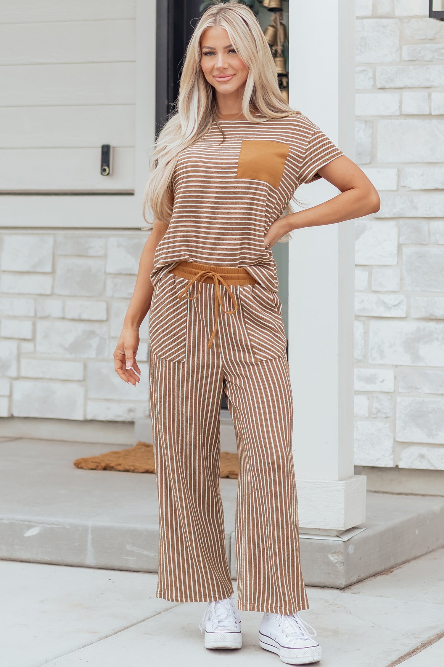 Sky Blue Stripe Crew Neck Tee Drawstring Waist Cropped Pants Set