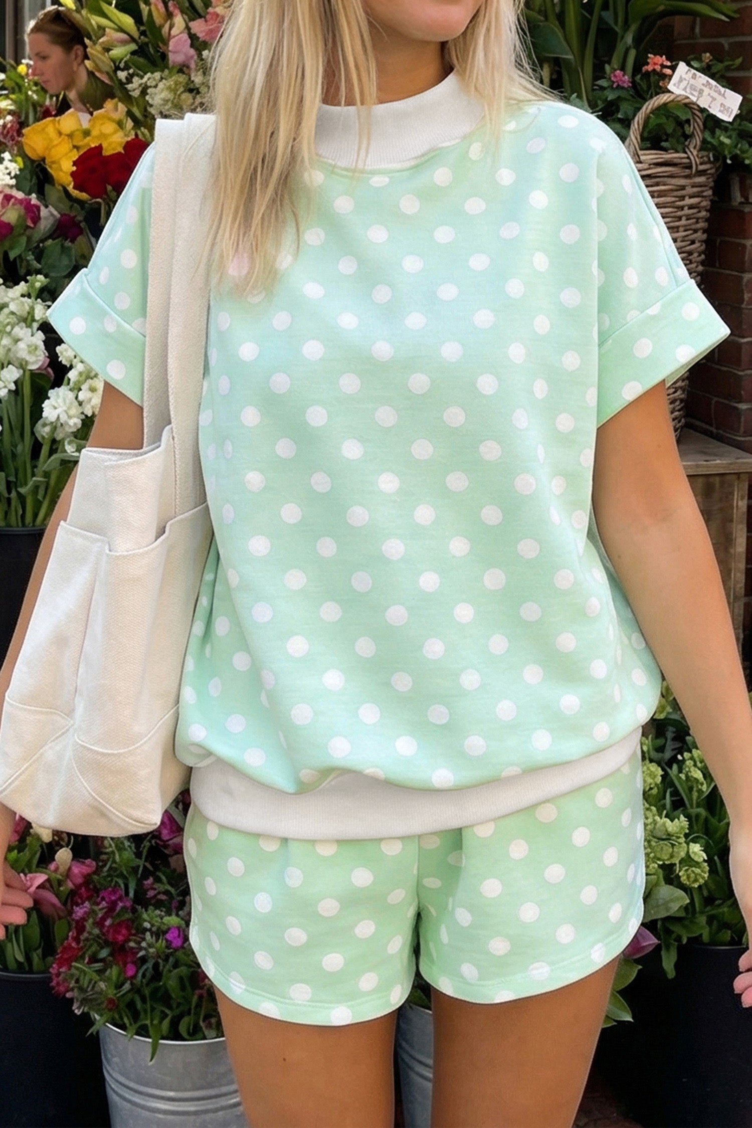 Sky Blue Polka Dot Print Color Block Trim Mock Neck Short Set