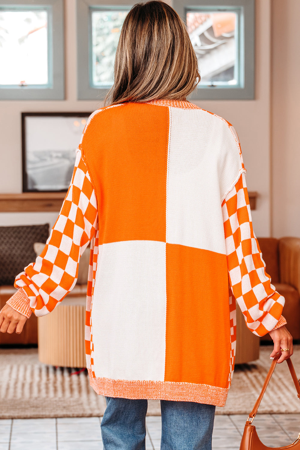 Brown Checkered Open Front Drop Shoulder Cardigan