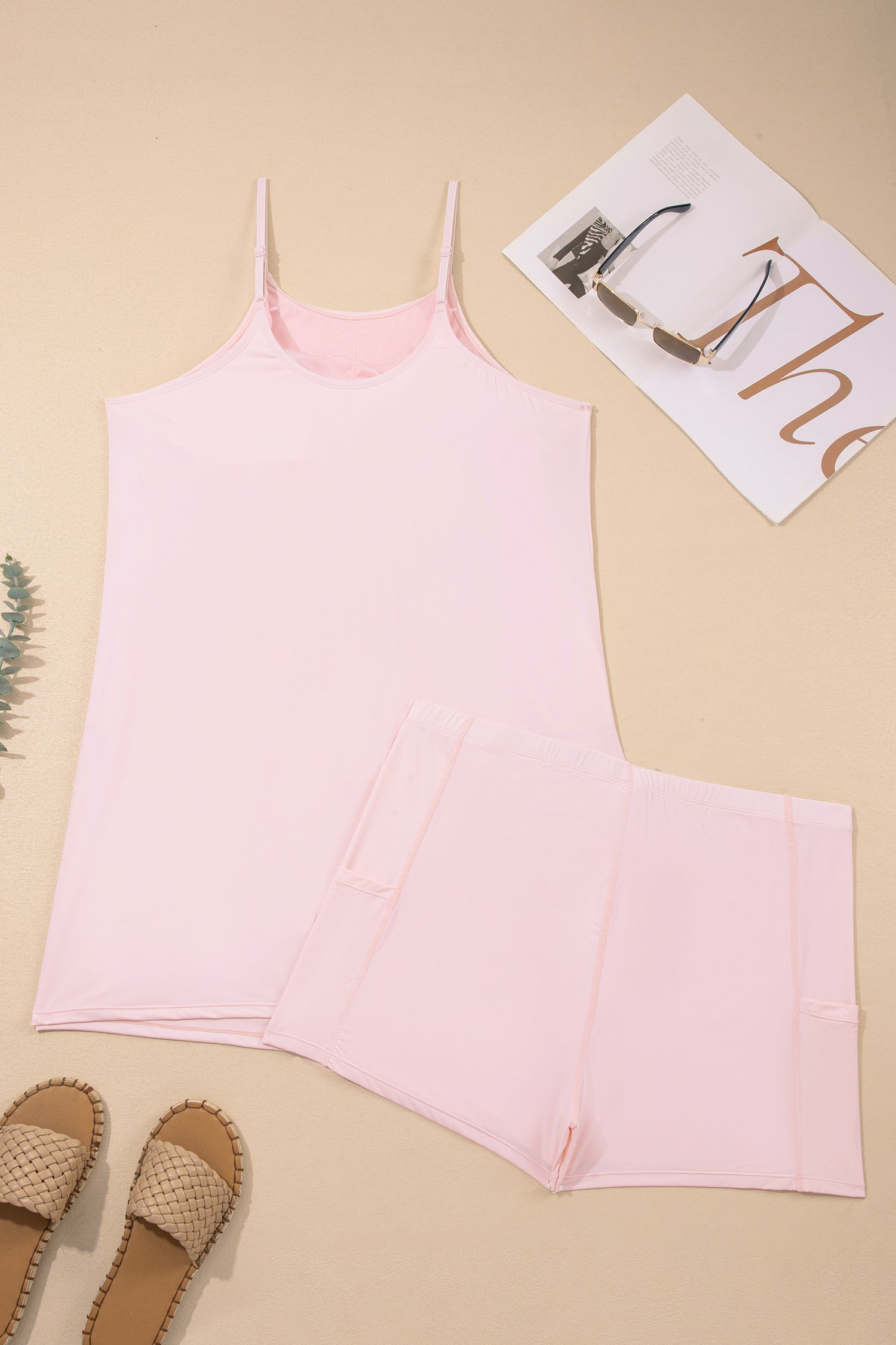 Pink Plus Size Build-in Shorts Sleeveless Dress With Short Two Piece Set