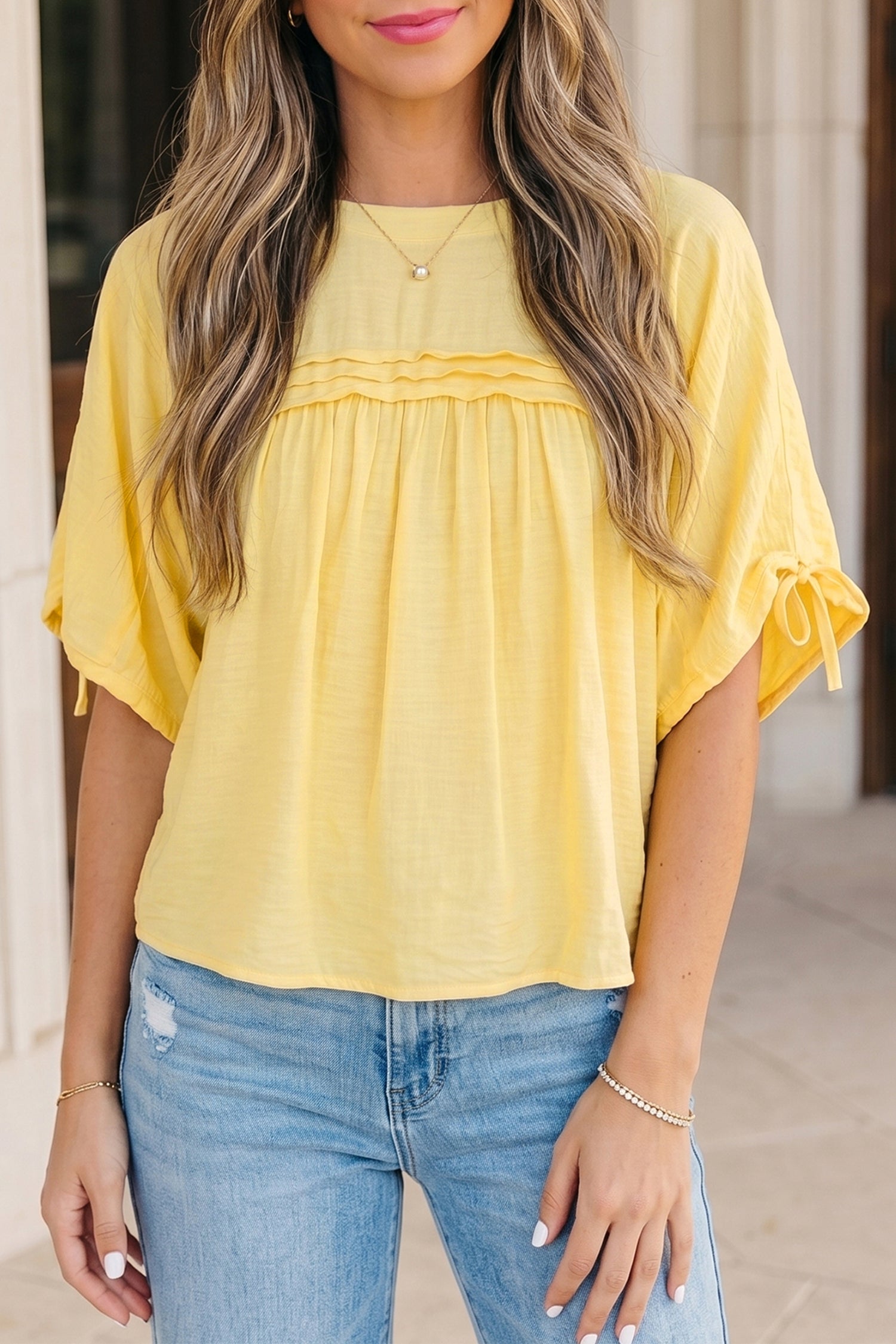 Yellow Cream Tie Half Sleeve Pleated Detail Babydoll Blouse