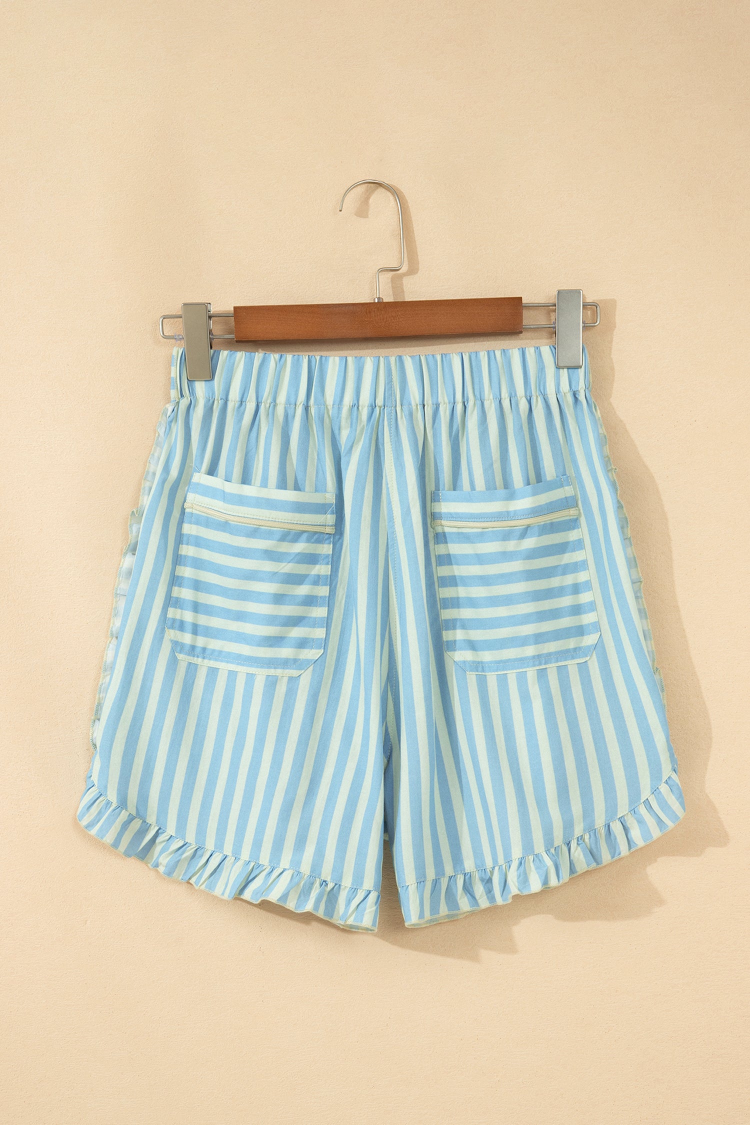 Rose Stripe Elastic Waist Ruffle Trim Casual Shorts