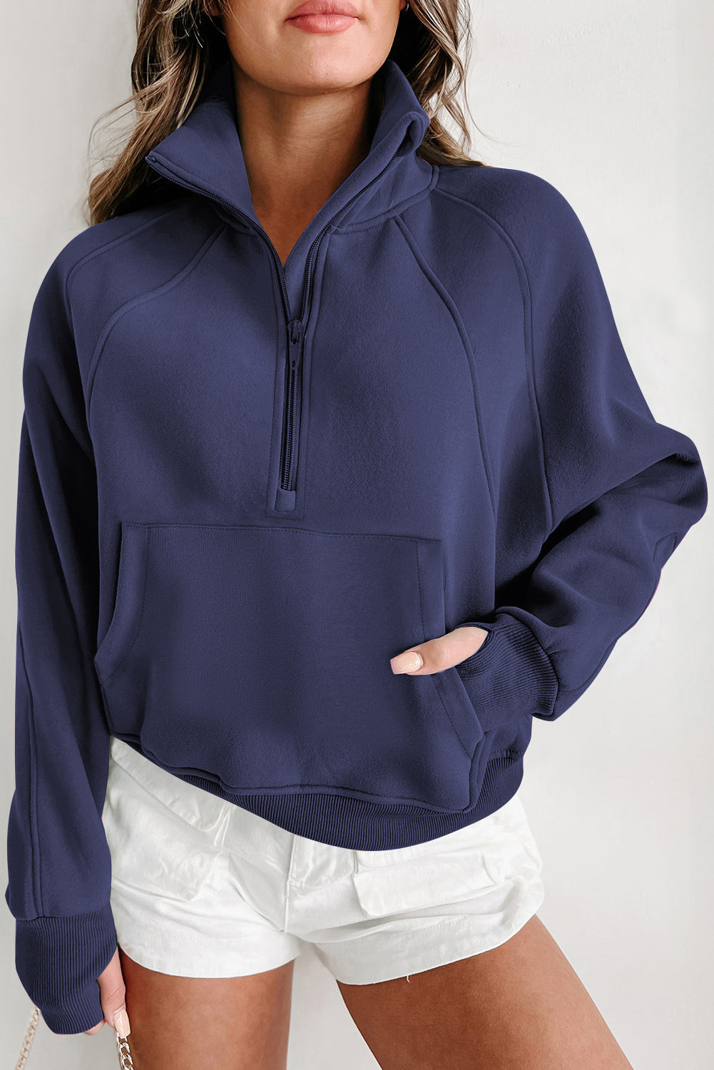 Phalaenopsis Fleece Lined Zip Up Stand Collar Thumbhole Sleeve Sweatshirt