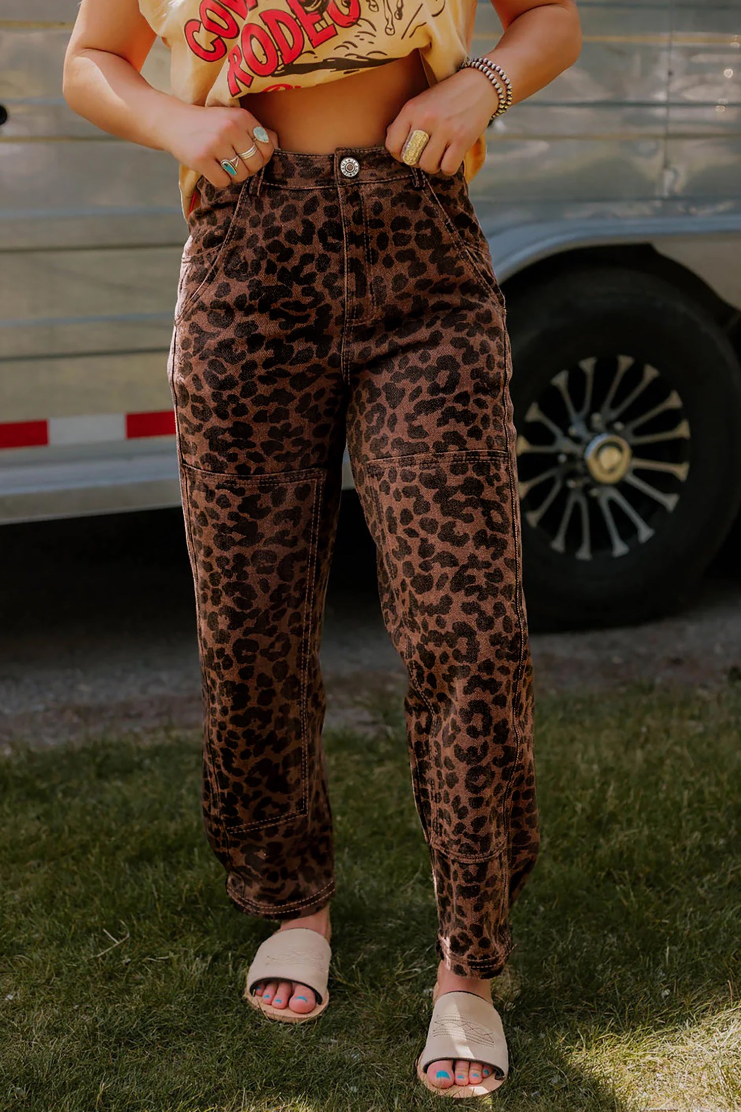 Brown Clear Seam Detail Patchwork Leopard Print Jeans