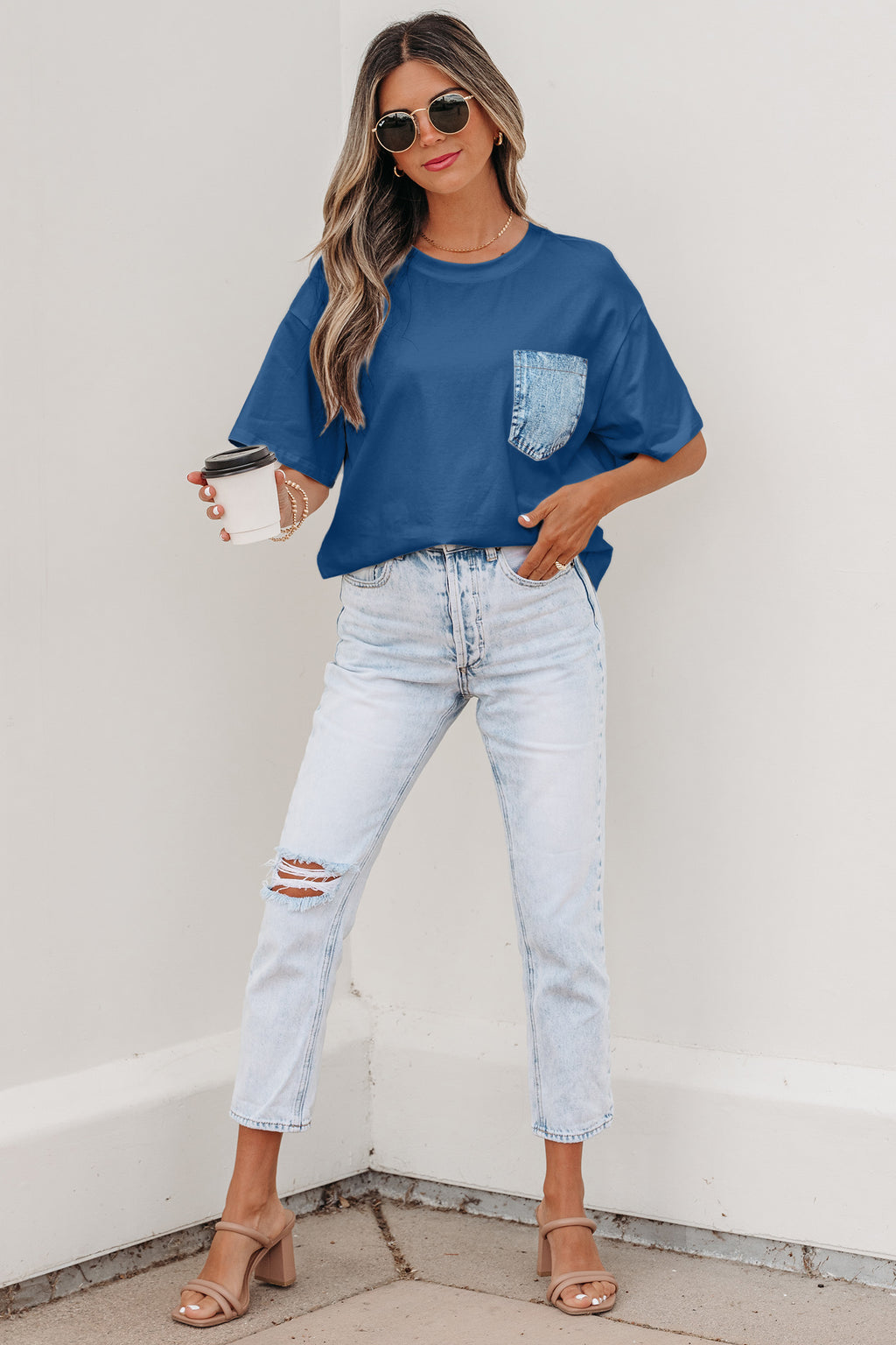 White Color Block Chest Pocket Patched Casual Short Sleeve Top