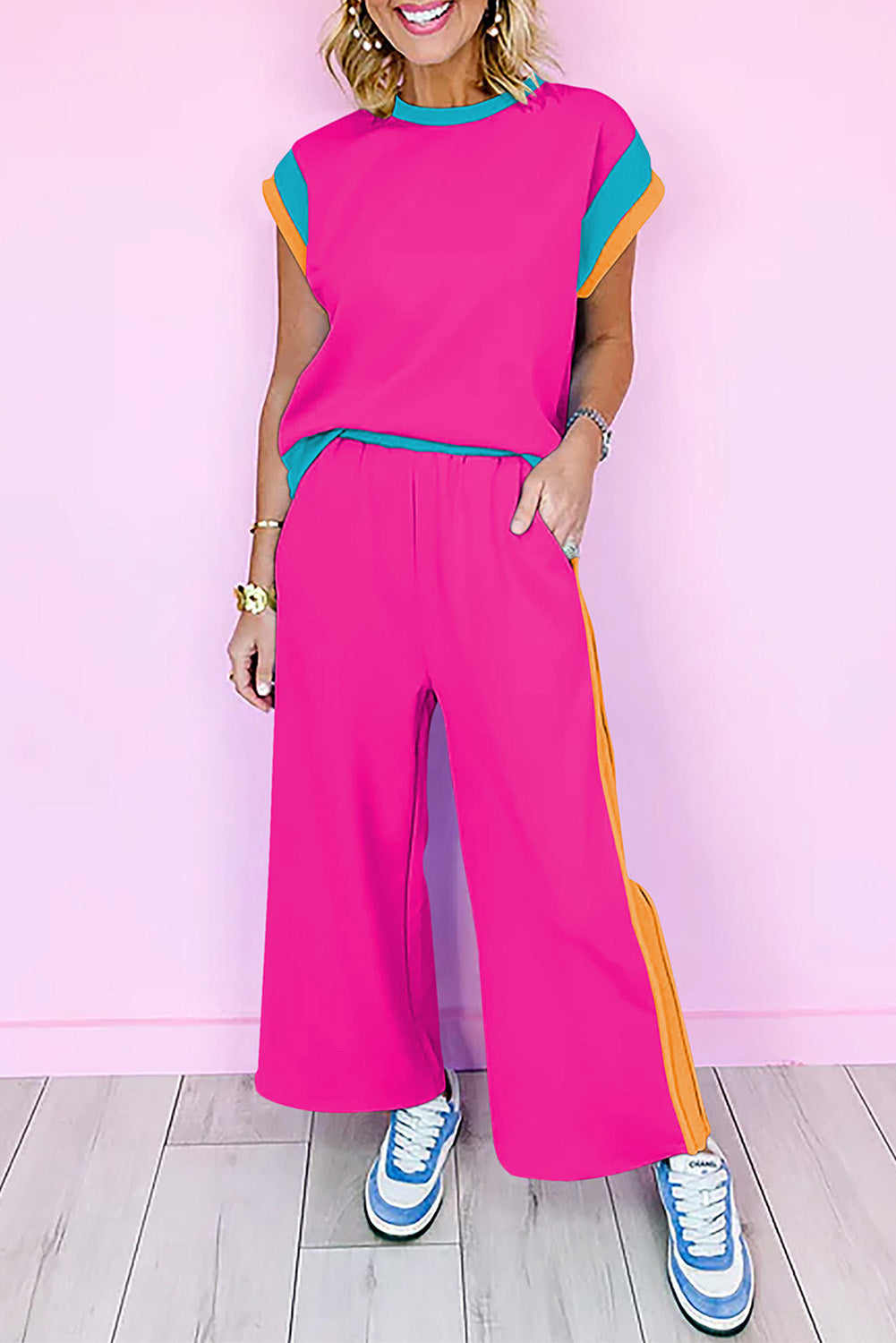Racing Red Color Block Detail Casual Two-piece Set
