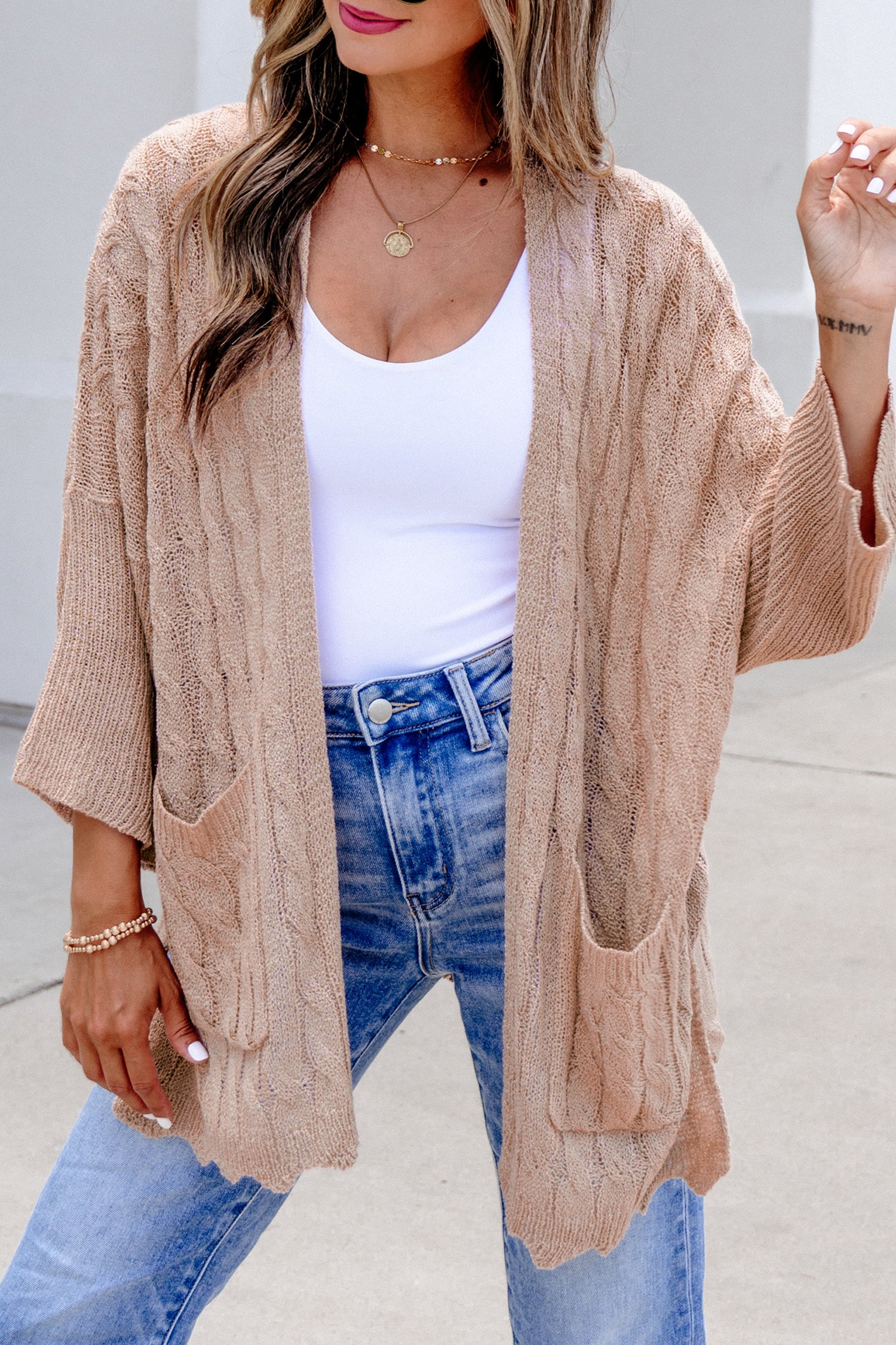 Pink Hollowed Pattern Knit Drop Shoulder Open Sweater Cardigan