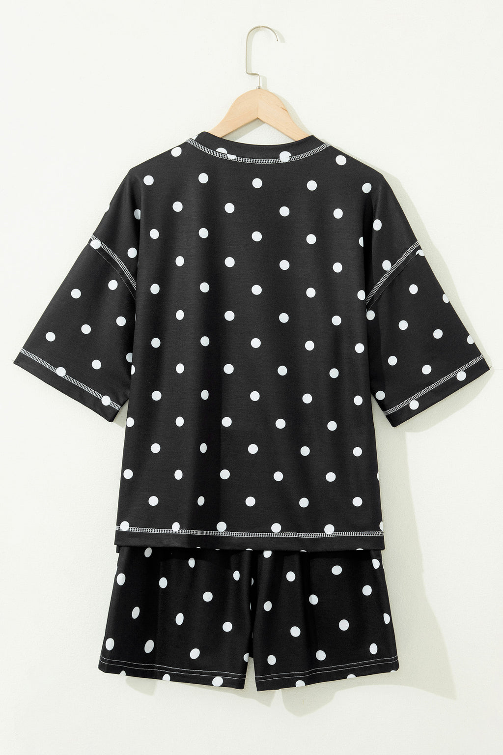 Sky Blue Exposed Seam Detail Polka Dot Loose Tee Drawstring Shorts Set