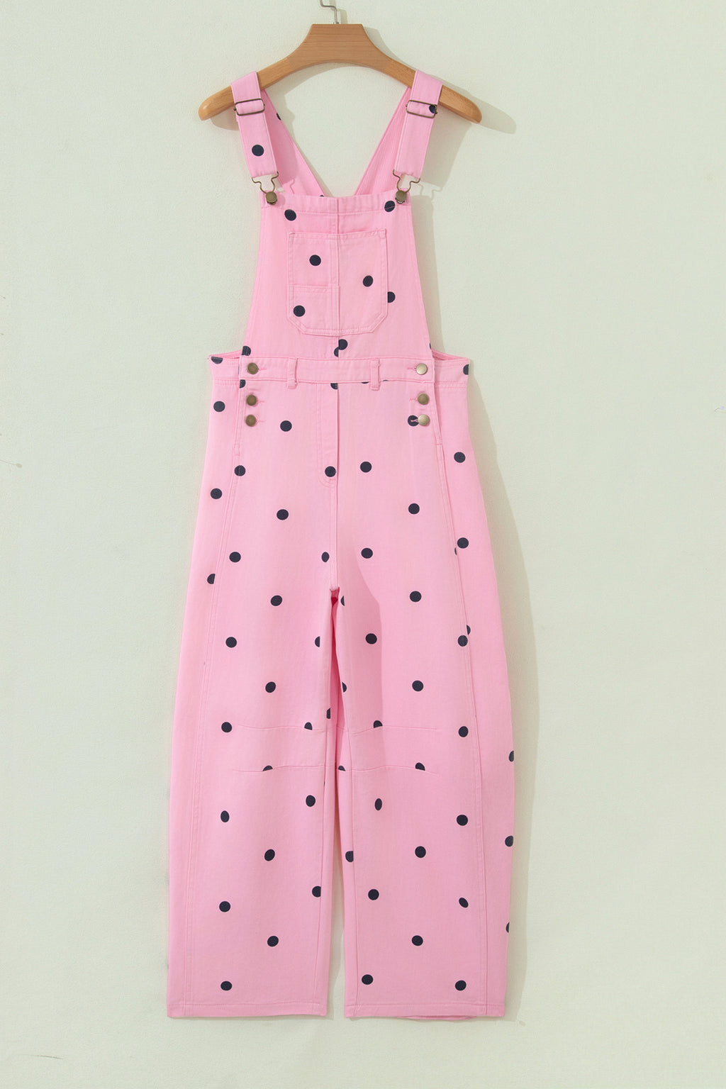 Light French Beige Polka Dot Print Bib Pocket Denim Barrel Overalls Jumpsuit