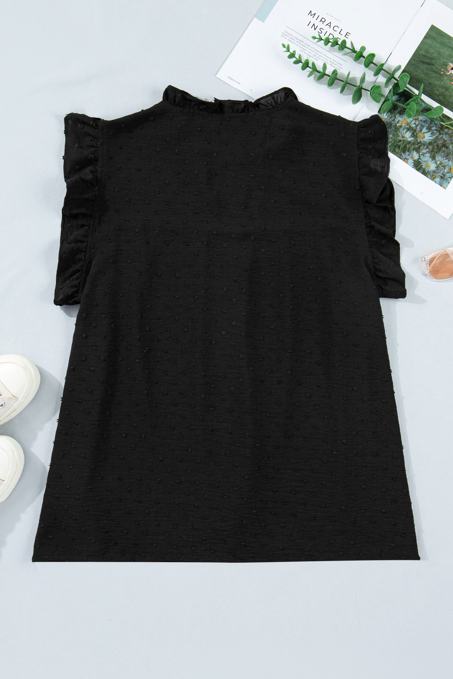 White Plus Size Swiss Dot Ruffle Lace Trim V Neck Tank Top