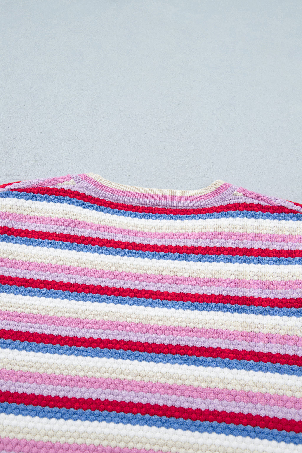 Multicolour Textured Stripes Knit Short Sleeve Sweater