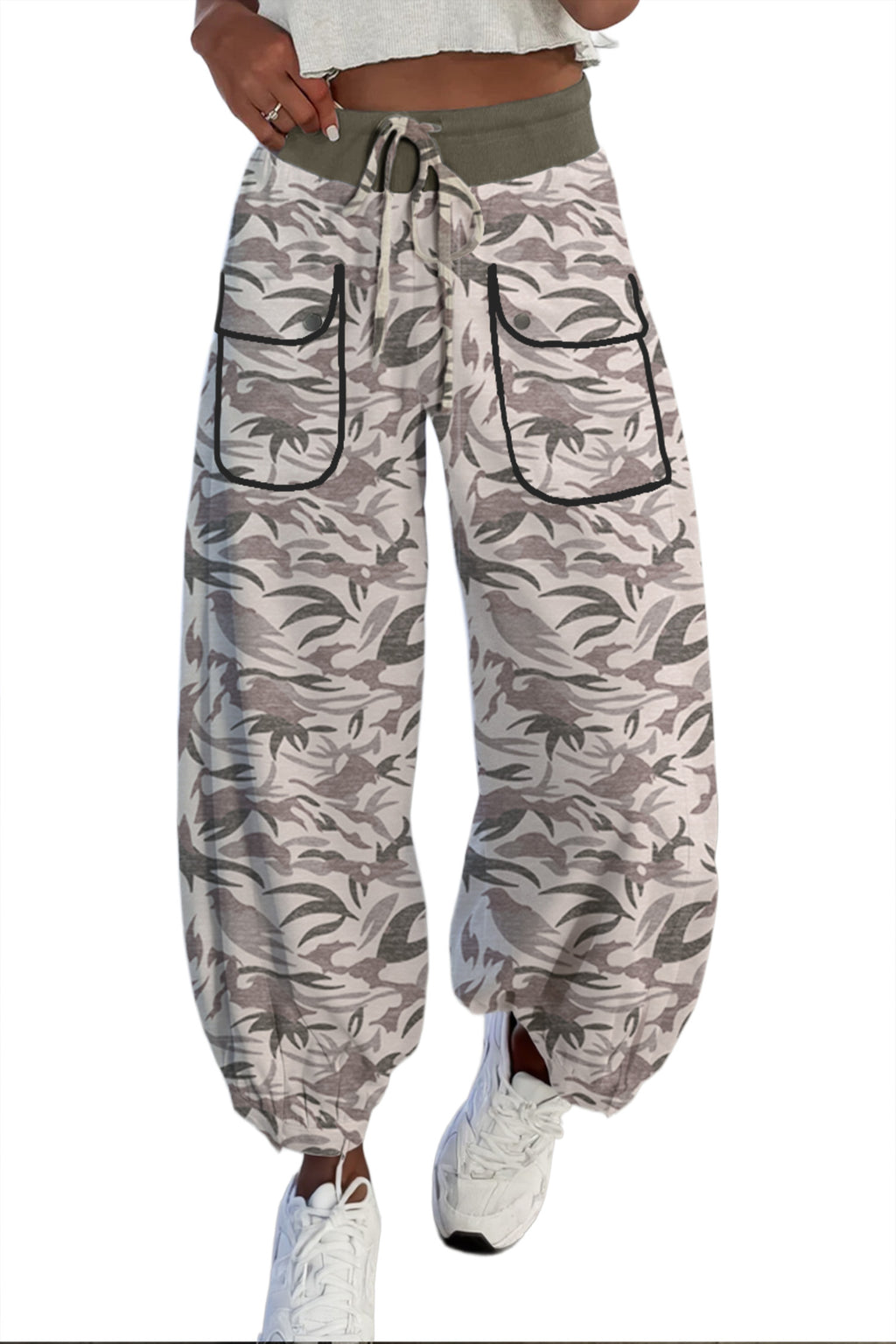 Khaki Drawstring Contrast Waistband Camouflage Cargo Barrel Pants
