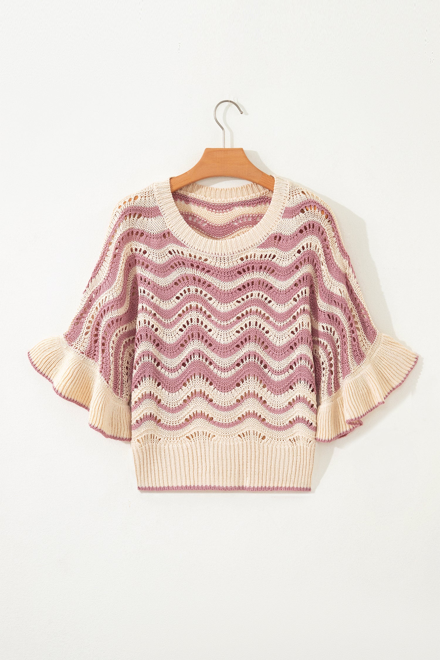 Black Stripe Wavy Crochet Eyelet Detail Ruffle Half Sleeve Sweater