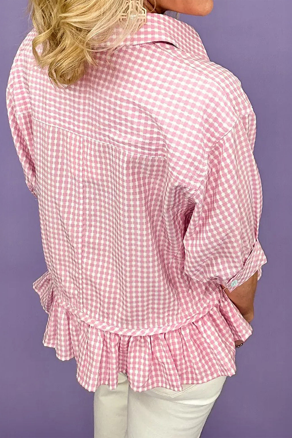 Pink Plaid Half Sleeve Ruffle Hem Button Down Shirt