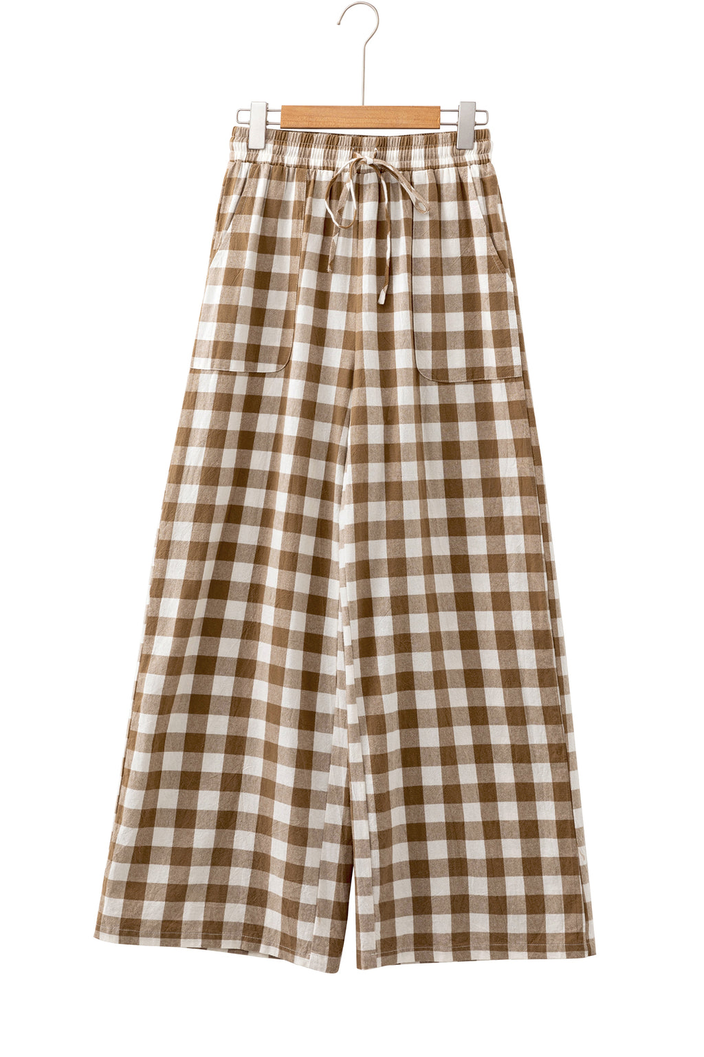 Brown Gingham Plaid Tie Elastic Waist Shift Pants