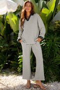 Khaki Stripe Collared Pullover Top and Drawstring Pant Set