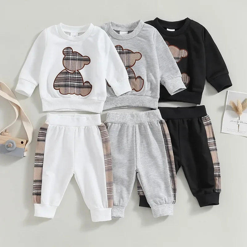 0-24months Boys Clothes Set Long Sleeve Bear Sweatshirt With Plaid Sweatpants Spring Autumn Outfits For Baby Boys