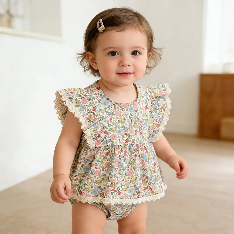 2026 Summer New Baby Girl Clothes Small Flower Lace Pure Cotton Little Flying Sleeve Onesie Outfit for Crawling and Outdoor Wear