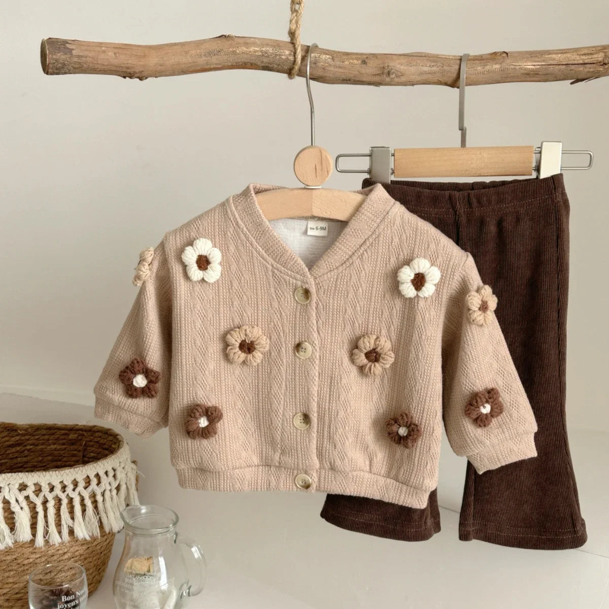 0-3 Years Spring Autumn New Girl Toddler 3D Small Flower Cardigan Casual Fashion Bell Bottom Pants Knitted Set