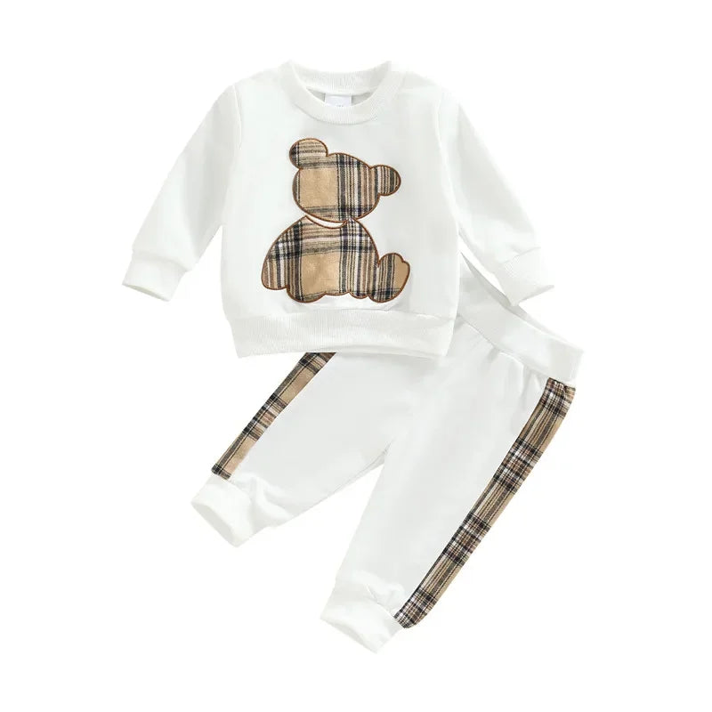 0-24months Boys Clothes Set Long Sleeve Bear Sweatshirt With Plaid Sweatpants Spring Autumn Outfits For Baby Boys