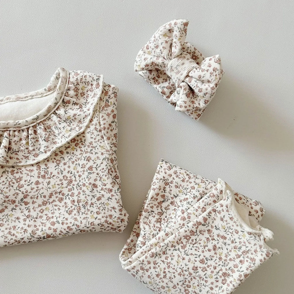 2025 Spring New Baby Long Sleeve Clothes Set Infant Girl Floral Tops + Leggings + Headband 3pcs Suit Cotton Toddler Outfits