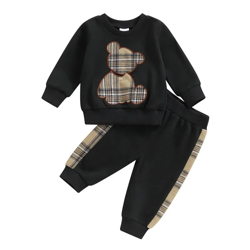 0-24months Boys Clothes Set Long Sleeve Bear Sweatshirt With Plaid Sweatpants Spring Autumn Outfits For Baby Boys