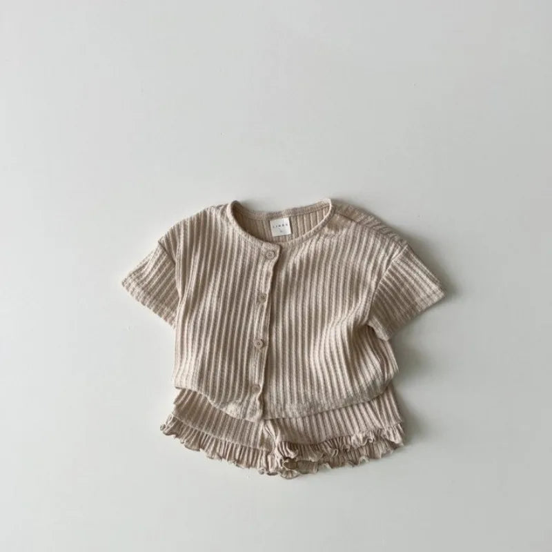 2Pcs Children Clothing Set 2025 Summer Korean Girl's Ruffle Suit Striped Cotton Short-sleeved Cardigan Tops+Shorts Pajamas Suits