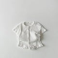 2Pcs Children Clothing Set 2025 Summer Korean Girl's Ruffle Suit Striped Cotton Short-sleeved Cardigan Tops+Shorts Pajamas Suits