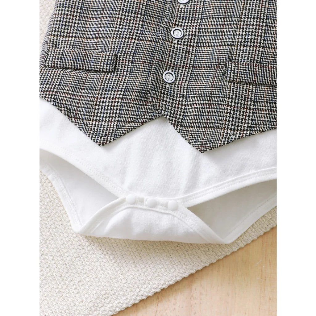 0-3Years Baby Boys' Gentleman Clothes Set Dark Grey Bodysuit+Plaid Shorts 2PCS Outfits Baby Full Moon Hundred Days Party Costume