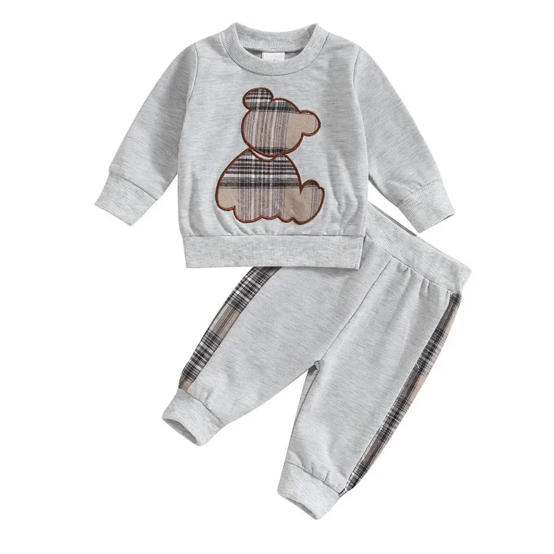 0-24months Boys Clothes Set Long Sleeve Bear Sweatshirt With Plaid Sweatpants Spring Autumn Outfits For Baby Boys