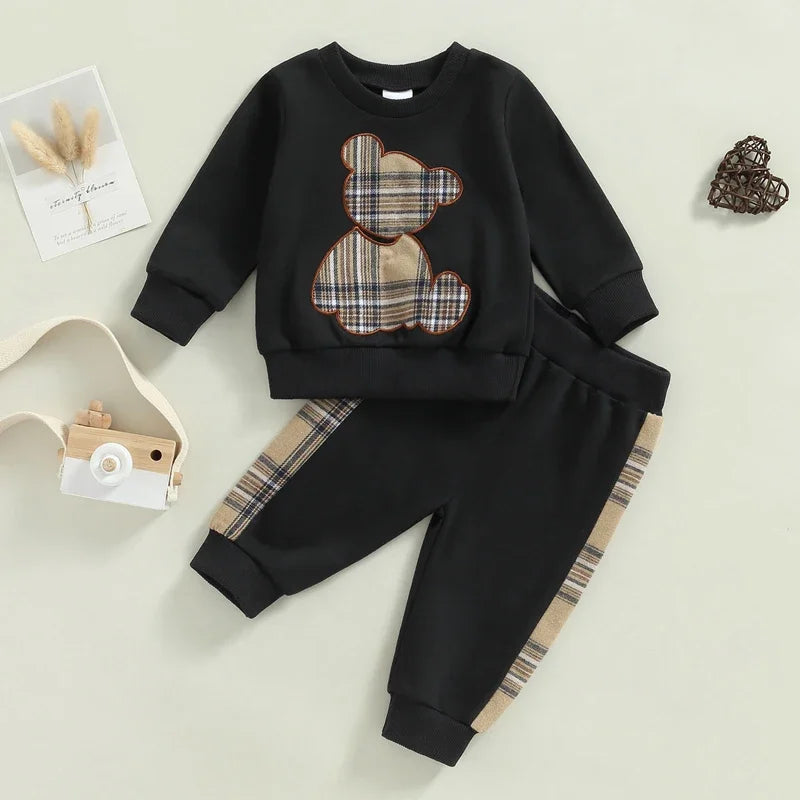 0-24months Boys Clothes Set Long Sleeve Bear Sweatshirt With Plaid Sweatpants Spring Autumn Outfits For Baby Boys
