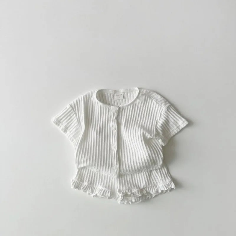 2Pcs Children Clothing Set 2025 Summer Korean Girl's Ruffle Suit Striped Cotton Short-sleeved Cardigan Tops+Shorts Pajamas Suits