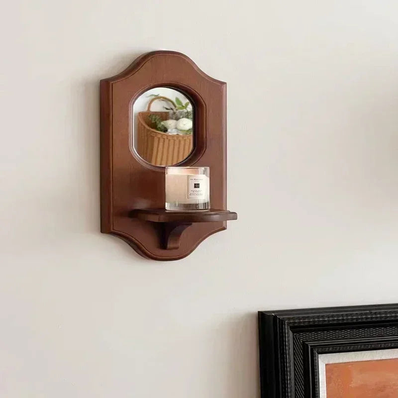 Vintage Wall Mirror with Shelf Solid Wood Aromatherapy Candlestick Holder Hanging Decor for Cafe Decorative Wall Rack