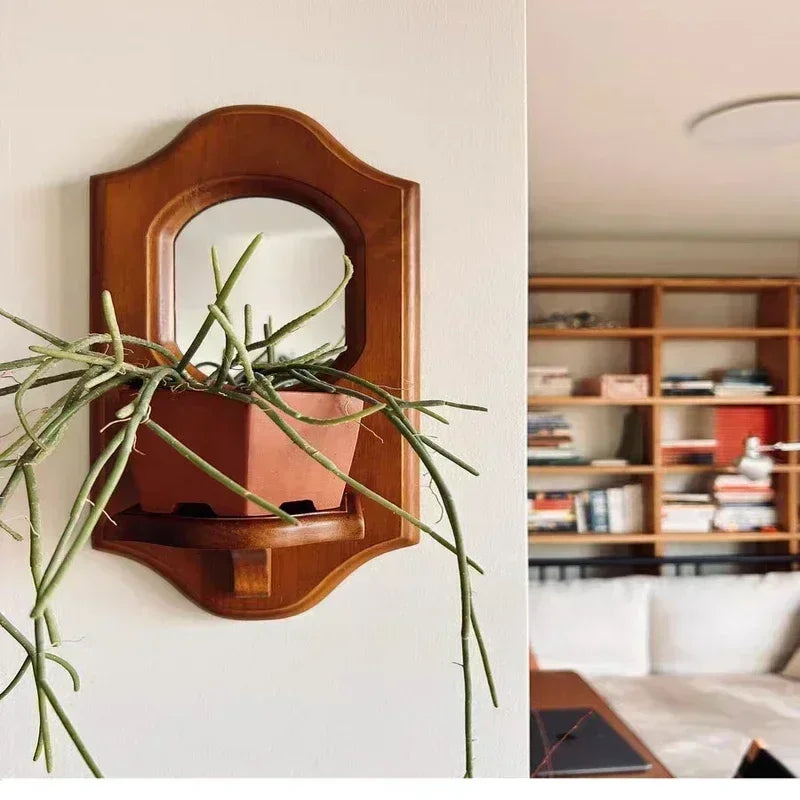 Vintage Wall Mirror with Shelf Solid Wood Aromatherapy Candlestick Holder Hanging Decor for Cafe Decorative Wall Rack