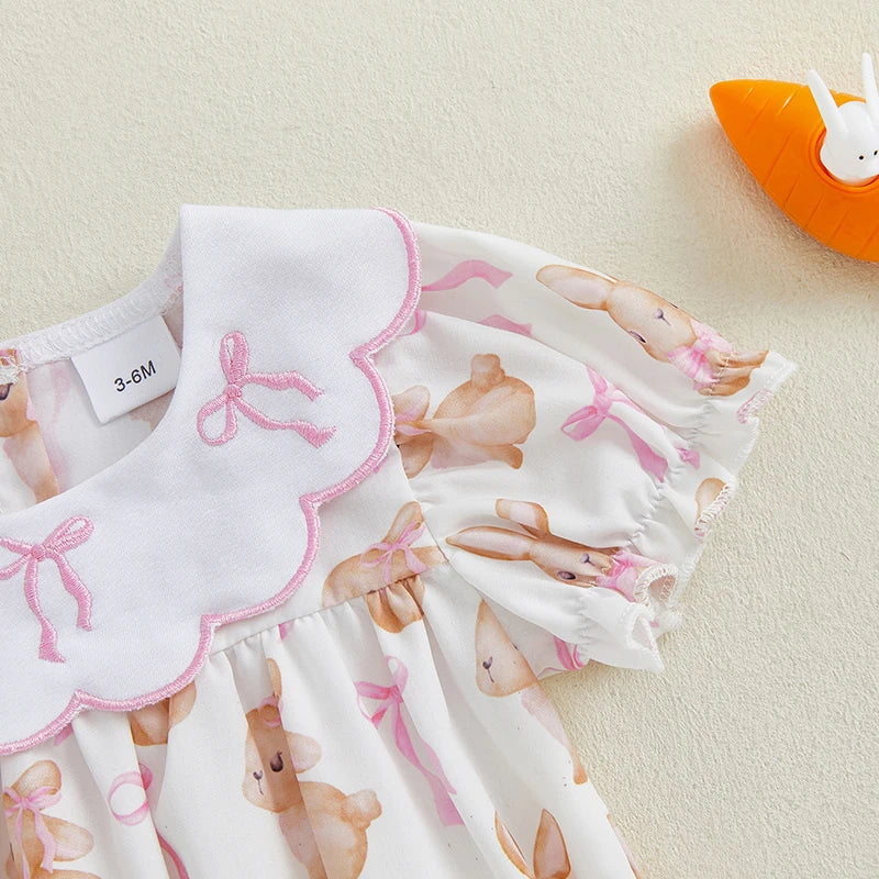 0-18M Newborn Baby Girl Easter Outfit Peter Pan Bow Bunny Embroidery Short Sleeve Romper Smocked Bodysuit Summer Clothes