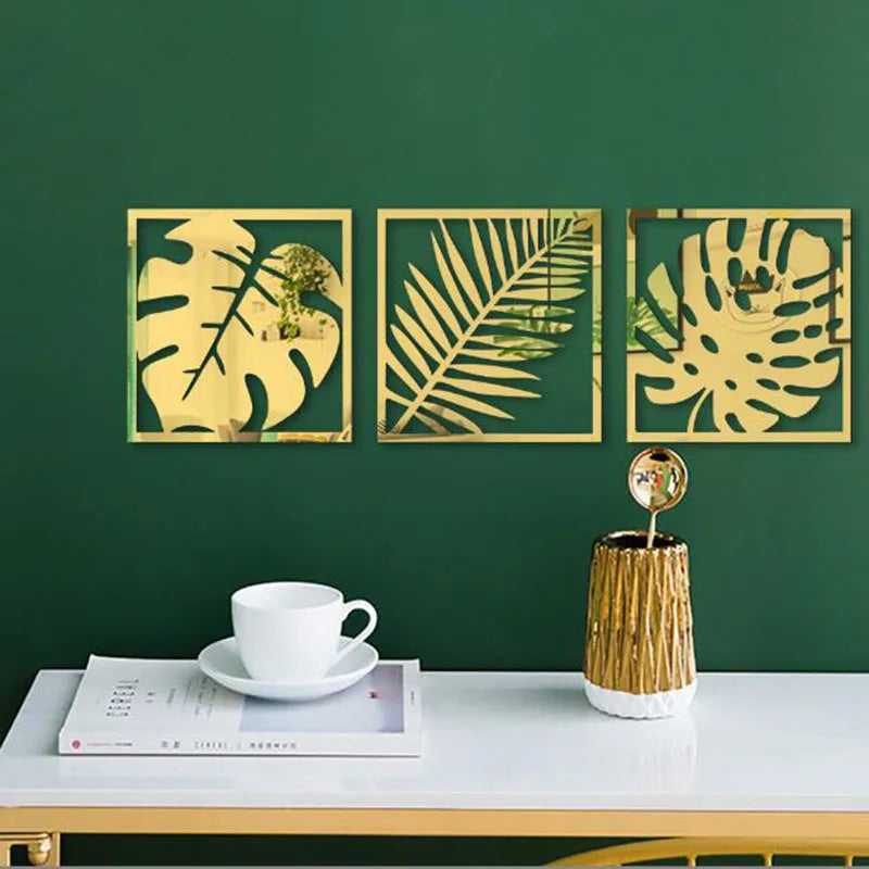3D Hollow Plant Mirror Sticker Acrylic Palma Wall Stickers Frame Stickers for Sofa Background Wall Home Decor