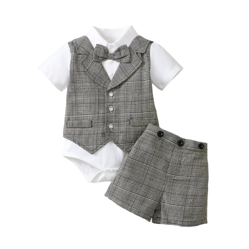 0-3Years Baby Boys' Gentleman Clothes Set Dark Grey Bodysuit+Plaid Shorts 2PCS Outfits Baby Full Moon Hundred Days Party Costume