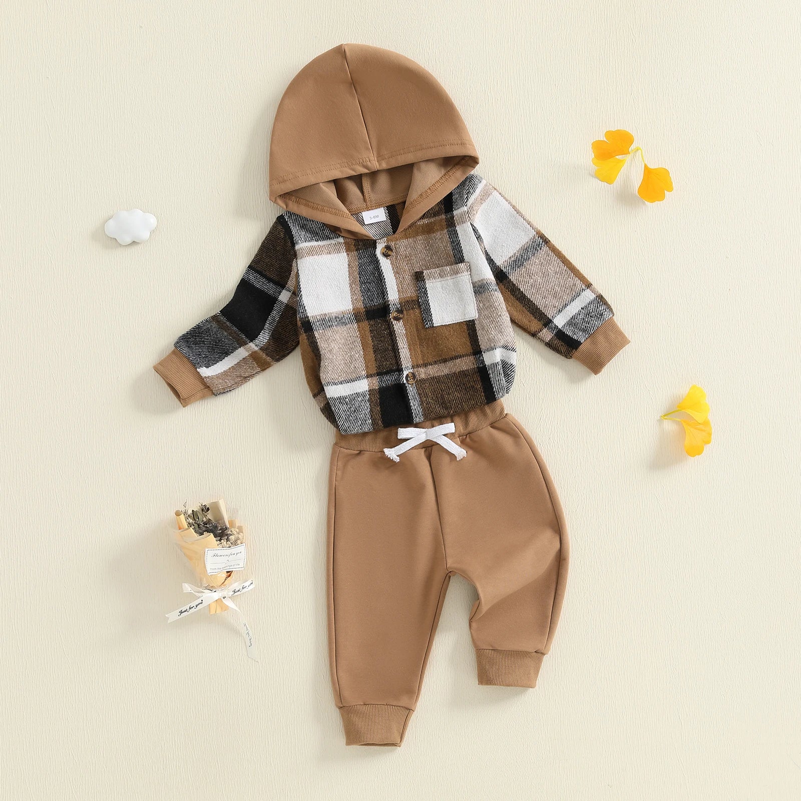 0-24M Toddler Boys Fall Outfit Plaid Long Sleeve Hooded Romper Solid Elastic Waist Jogger Pants Baby 2 Piece Sets