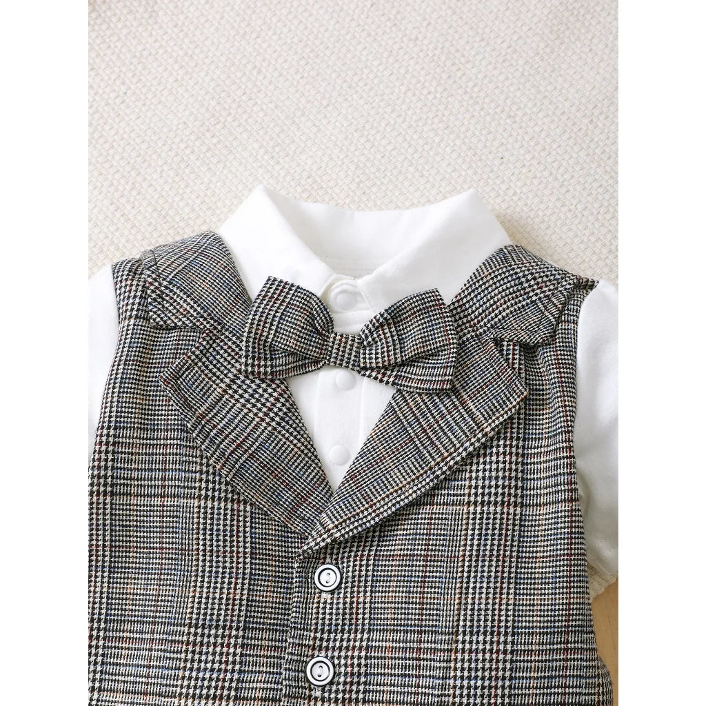 0-3Years Baby Boys' Gentleman Clothes Set Dark Grey Bodysuit+Plaid Shorts 2PCS Outfits Baby Full Moon Hundred Days Party Costume