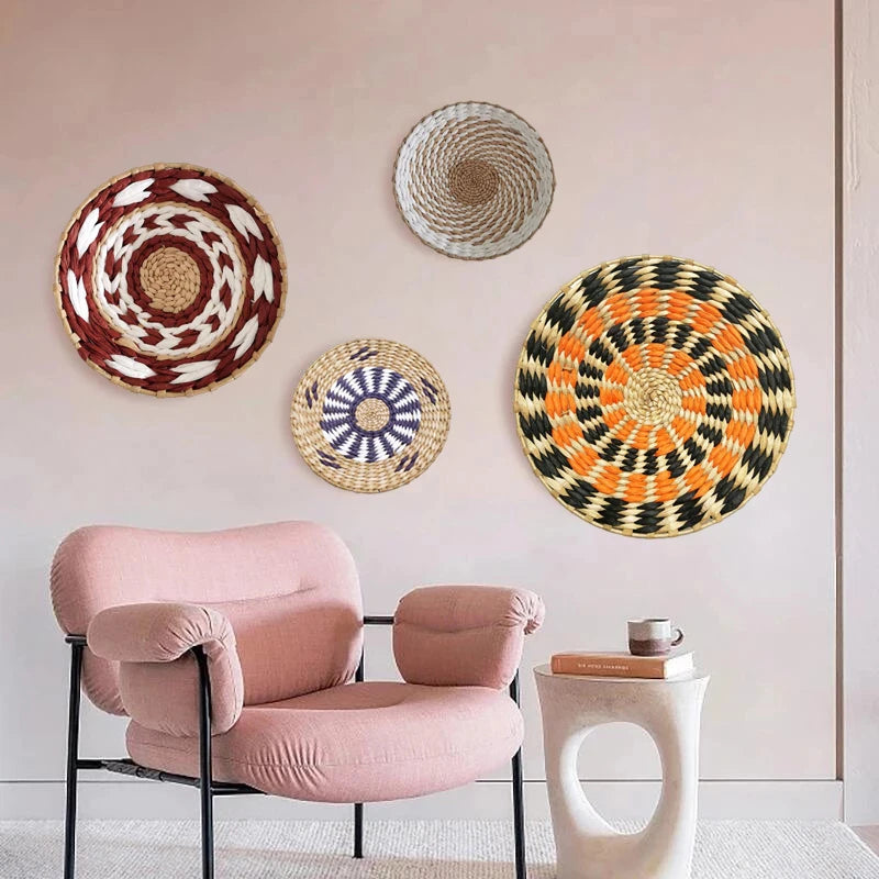 Straw Woven Round Wall Decoration Pendants Creative Retro Ethnic Background Wall Decor Moroccan Style Hand-woven Ornaments